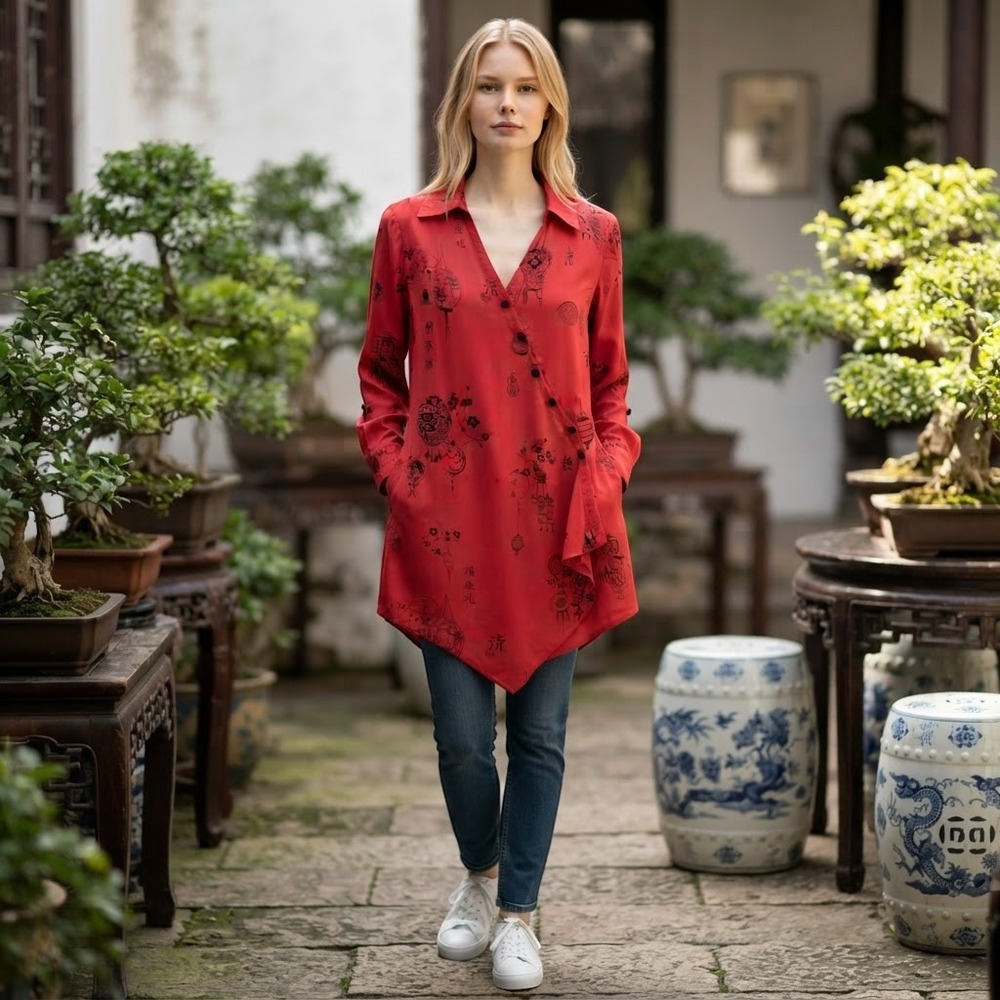 Soft Surroundings Tunic Women L Red Asian Pagoda Lantern Wrap Top 25944